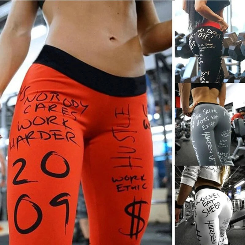 Leggings para mujer con estampado de escritura y cintura alta